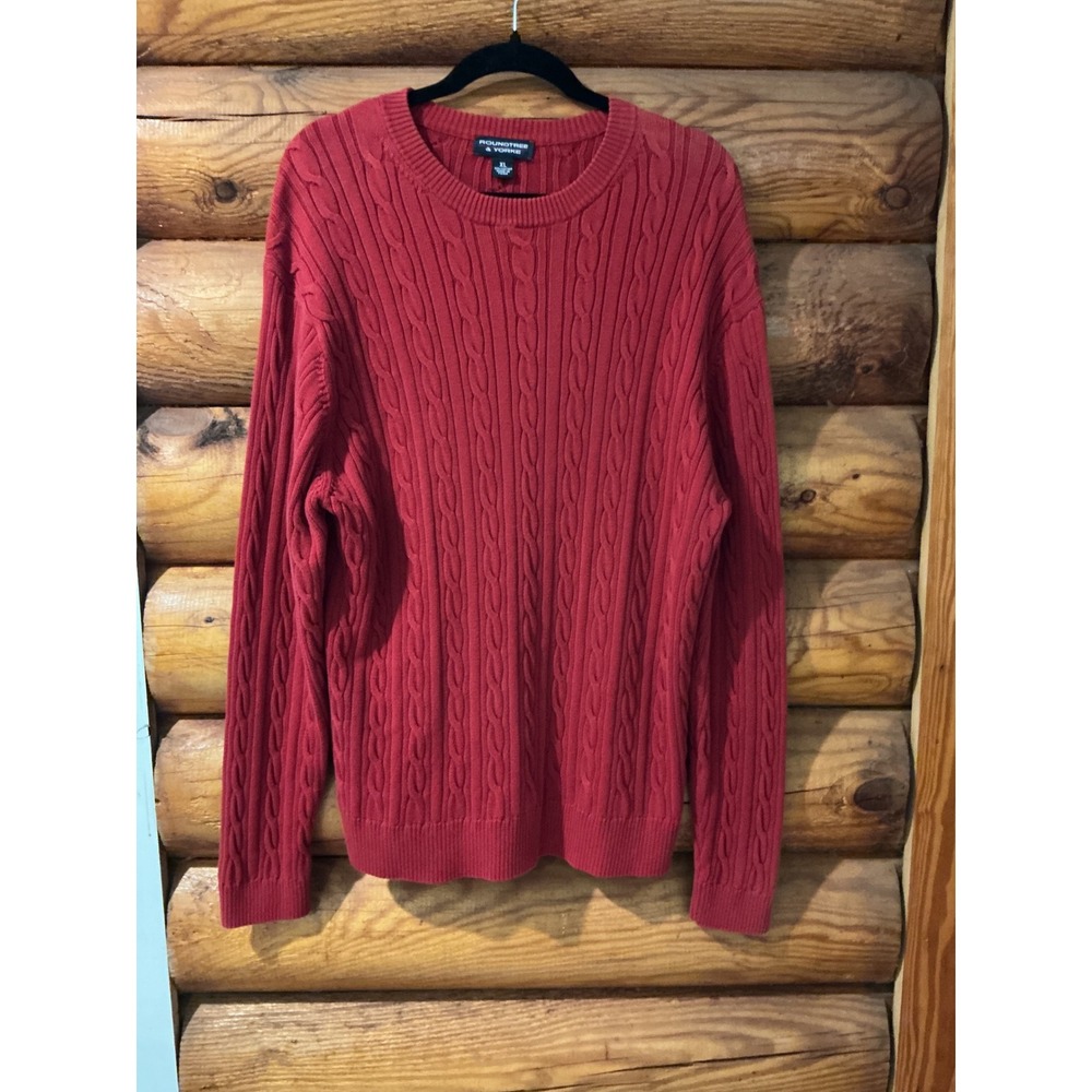 Roundtree & Yorke Mens XL Red Cable Knit 100% Cotton Crewneck Sweater